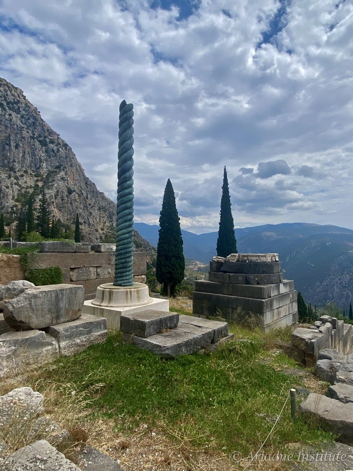 The Serpent Column at the sanctuary of Delphi, mountains beyond